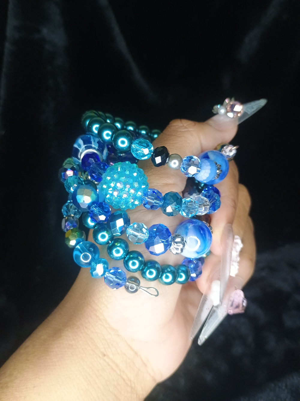 Handmade Blue Beaded Memory Wire Bracelet Stack - Custom Made